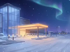 Illustration nocturne stylisée d'un bâtiment de divertissement à façade vitrée dans une rue enneigée