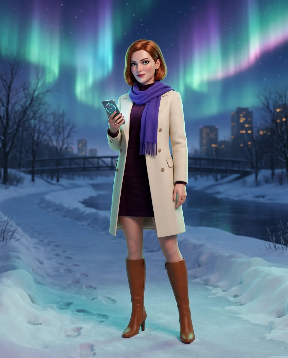 Maren Lacroix, the host of this guide, stands on a snowy river trail at night under the northern lights, looking at a phone that shows a round compass