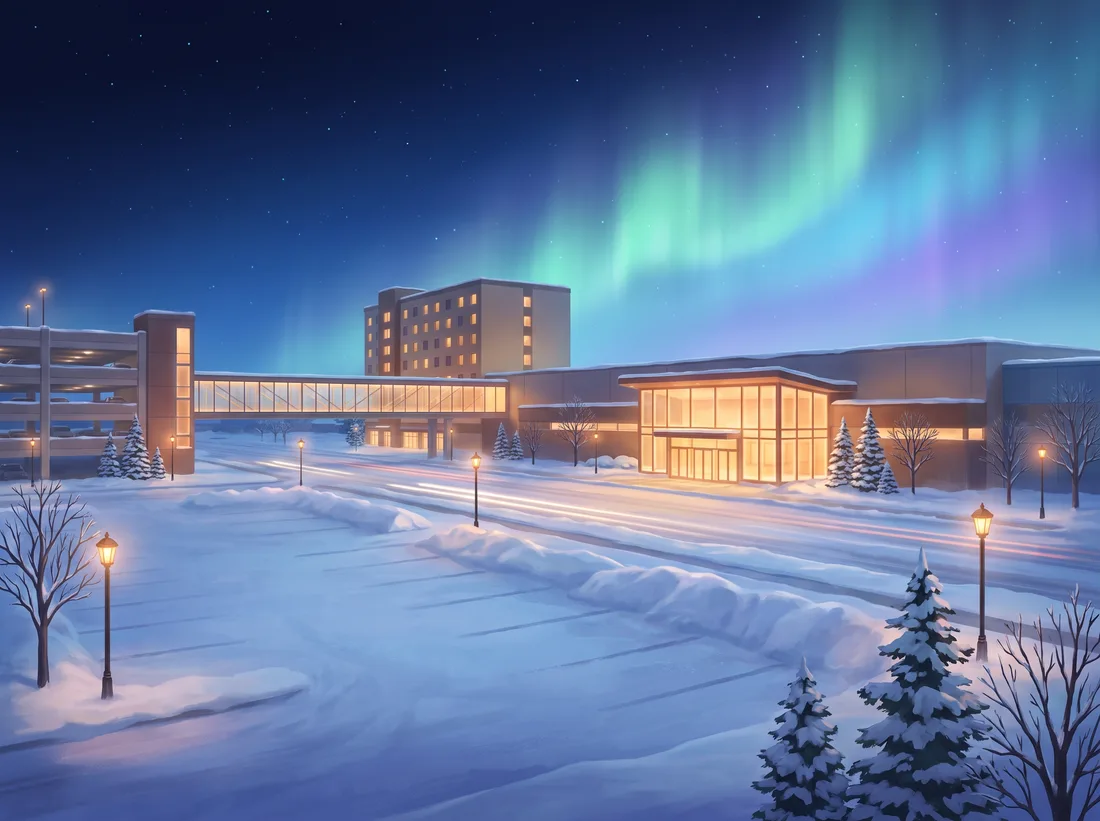 Stylised night illustration of a low casino and hotel complex on a snowy avenue, with warm lit windows and a glass skywalk from a covered parkade, under faint northern lights.